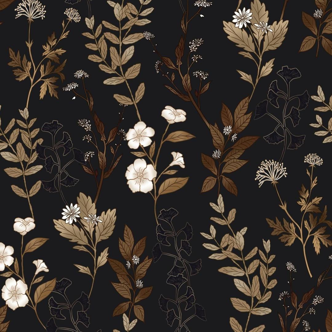 Black Floral Wallpaper Peel and Stick Gold Leaf Contact Paper 17.4" x 118" Leaf Wallpaper Waterproof Self-Adhesive Wall Covering for Bedroom Countertop Desk Cabinets Decor