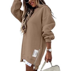 CHICME Womens Long Sleeve Zipper Slit Oversized Sweatshirt Casual Pullover Zipper Hoodies Fall Clothes (Large, Brown)