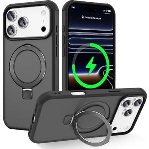 Magnetic Compatible with iPhone 17 Pro Case with Stand [Military Grade Drop Tested][Compatible with Magnet] Ring Translucent Slim Hard Back Soft Edge, Black