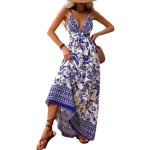 MakeMeChic Women's Boho Maxi Dress Summer Luau Outfits Beach Wedding Guest Backless Sundress Flowy Resort Wear (Blue, XL)