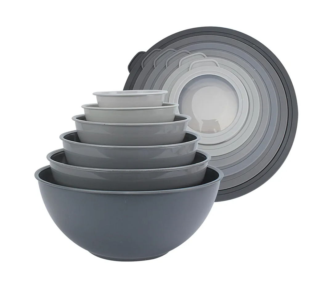 Mixing Bowls Set with TPR Lids - 12 Piece Plastic Nesting Bowls Set includes 6 Prep Bowls and 6 Lids, Microwave Safe (Grey)