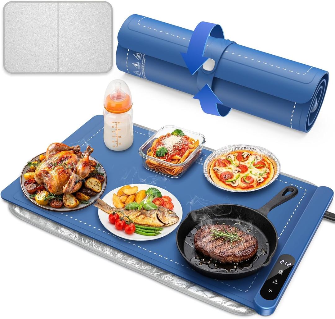 Warming Mat for Food - Rapid Full Surface Food Warming Mat, 6 Temp Settings, 6 H Timer Electric Warming Tray, Rollable Portable Chafing Dishes, Ideal for Parties, Buffets, Gatherings, 24x14 inch (Blue)