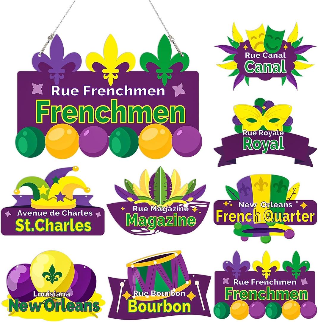 Mardi Gras Decorations, 8 Set New Orleans Street Signs with 8 Metal Chains, Double Printed Mardi Gras Signs Hanging Ornaments for Carnival Party Wall Table Tree Yard Decor Supplies, 11.8 x 7.9 inches