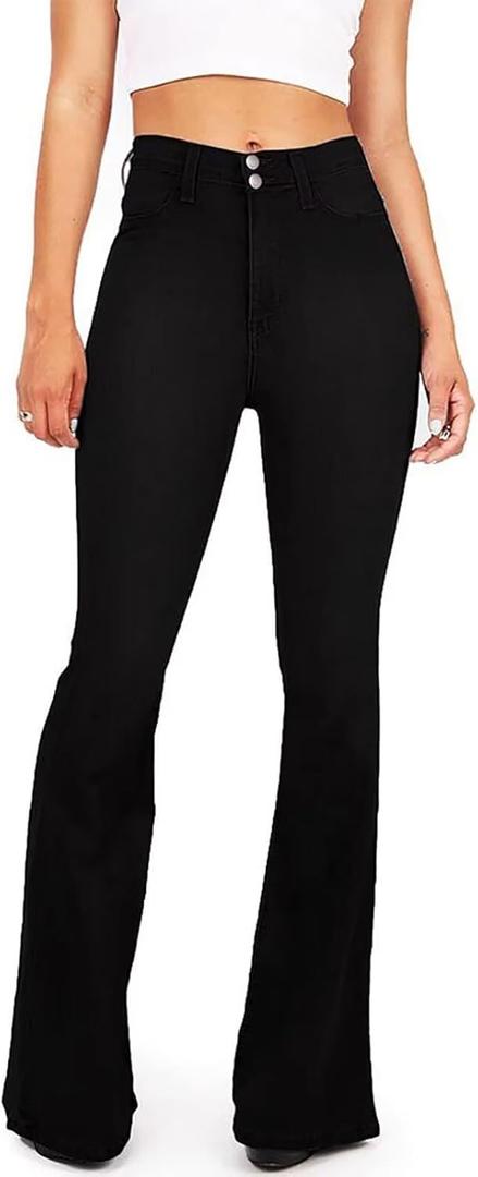KDF High Waisted Flare Jeans for Women Bell Bottom Jeans with Belt for Women Stretch Wide Leg Jeans (6, #21_black(2 Buttons))
