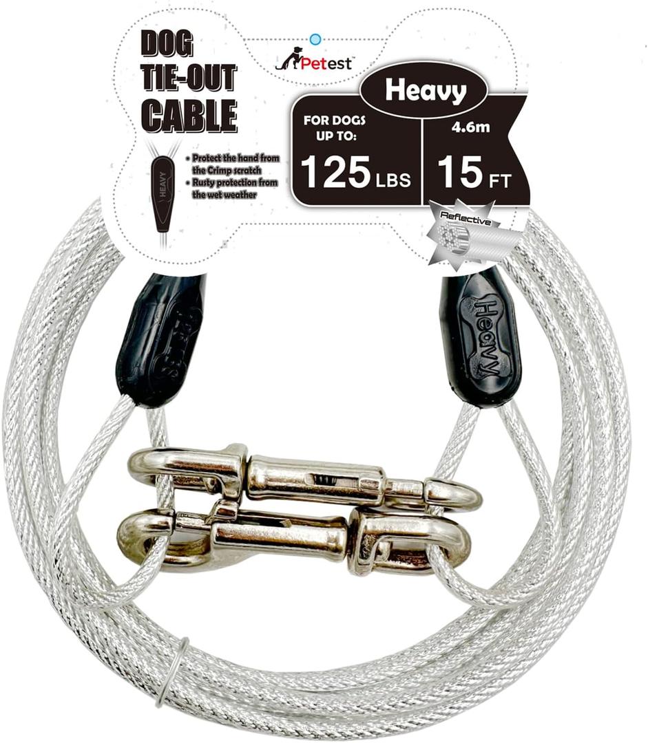 Petest 15ft Reflective Tie-Out Cable for Heavy Dogs Up to 125 Pounds (Black & Silver)
