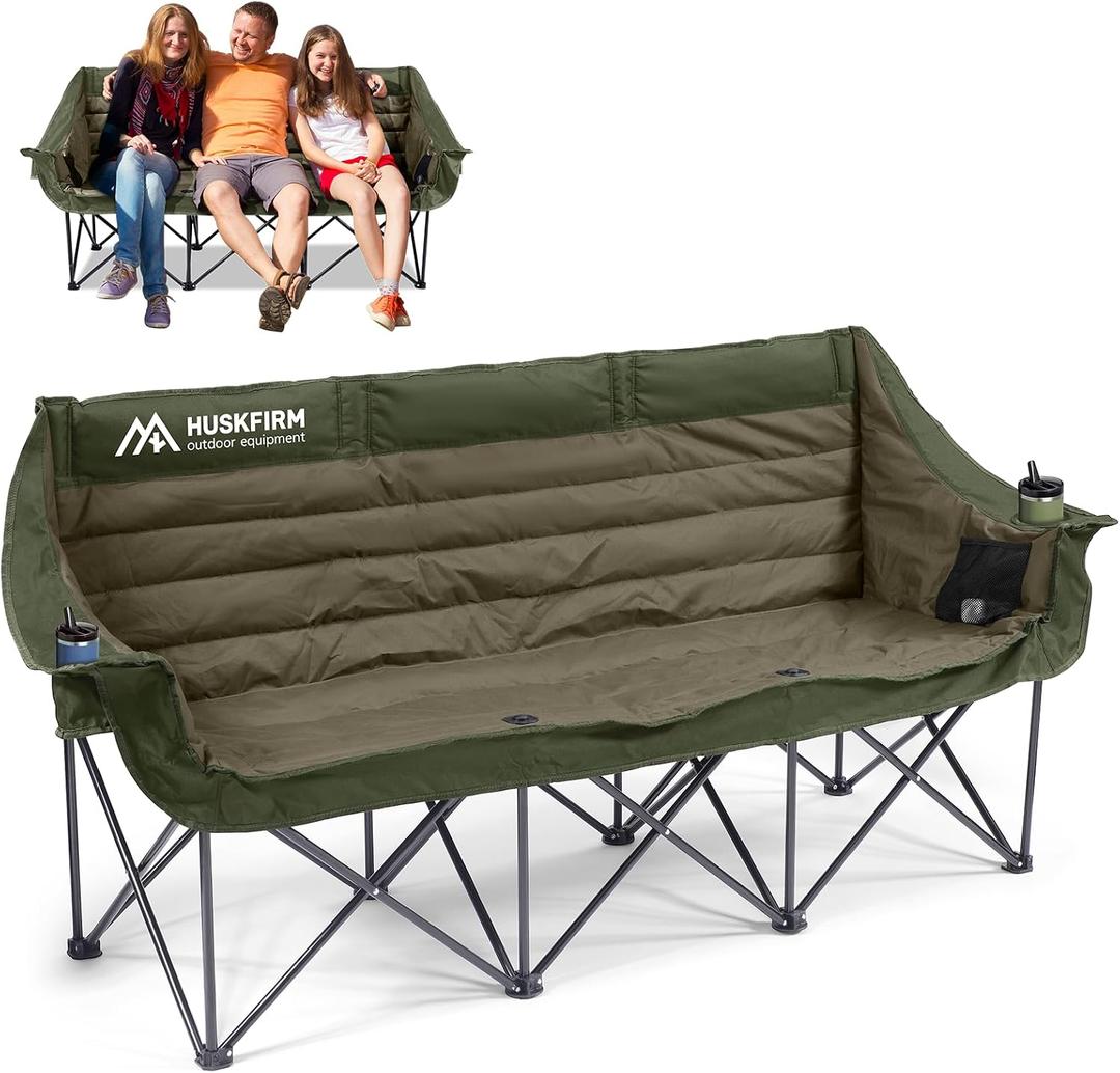 Huskfirm 3 Person Camping Chairs Folding Double Camping Chair Portable Oversized Loveseat Padded Camp Chair Heavy Duty Camping Couch for Adults Outdoor Lawn with Two Cup Holders and Carry Bag Green