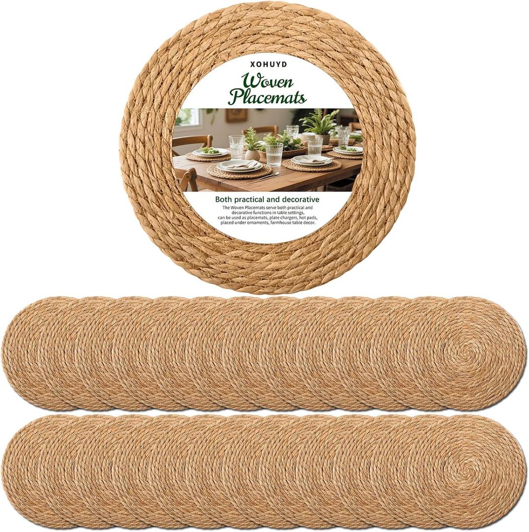 13 Inch Round Woven Placemats Set of 24, Boho Farmhouse Rustic Rattan Wicker Braided Chargers for Dining Table, Water Hyacinth Jute Place Mats for Dinner Plates, Outdoor Patio & Wedding Decor