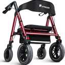 Rollator Walker with Seat,12" Front Wheels 10" Rear Rolling Walker, Extra-Wide Heavy-Duty Rollator Walker with Seat and Brakes for Seniors and Adults Bariatric with Large Aluminum (Red)