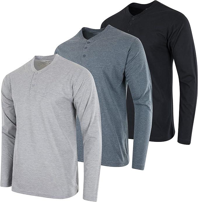 Real Essentials 3 Pack: Men's Cotton Short & Long Sleeve Henley T-Shirt Performance Activewear, Size 2L, 1XL
