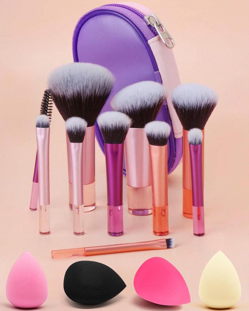 PGRODE Mini Travel Makeup Brushes Set, 14 Pieces, Portable Full Complete Function Cosmetic Kit with Brush Pouch, On the Go Short Makeup Brush Small Travel Essentials for Kids, Women, Girls (Colorful)