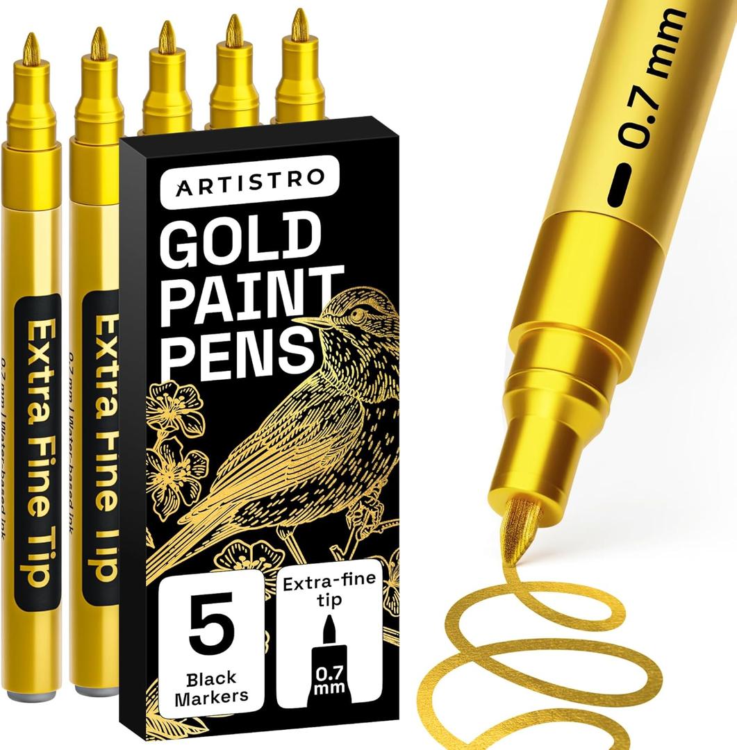 ARTISTRO 5 Gold Paint Pen for Rock, Glass, Ceramic, Wood, Tire, Fabric, Metal, Canvas, Marking, Painting - Set of 5 Acrylic Paint Markers Water-based