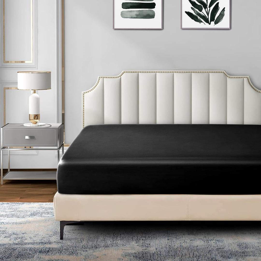 P Pothuiny Satin Fitted Sheet King Size, 1 Single Fitted Sheet Only, Extra Soft Deep Pocket Bottom Bed Sheets Mattress Cover Fits 12" to 16", Wrinkle Free, Fully Elasticized (Black)