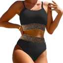 Women's High Waisted Swimsuit Two Piece Ribbed Bikini Sets Crop Top High Cut Cheeky Bathing Suits (Medium, Black Gold)