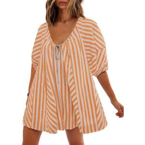 SENSERISE Womens Oversized Striped Romper Dress Shorts Jumpsuit Beach Vacation Clothes with Pockets (Small, Yellow Orange)