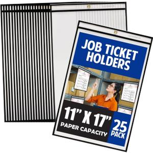 Office Werks Stitched Job Ticket Holder 11 x 17 Inch, Clear Work Order Plastic Sleeves Holder, Document Print Holders, Perfect for Attaching to Machinery, File Cabinets, Racking & Hanging, Pack of 25