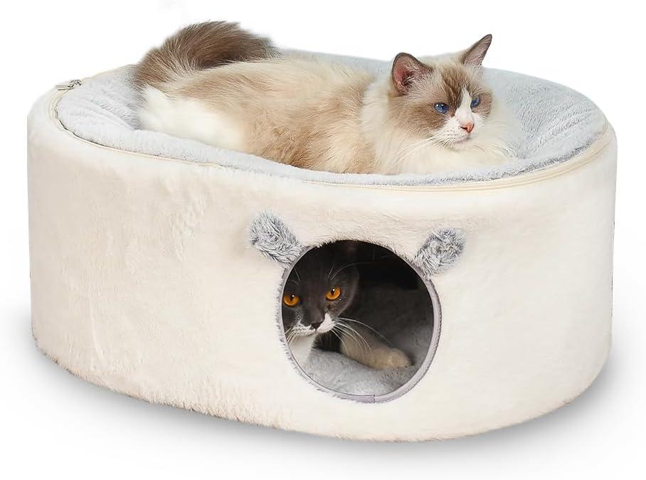 Zoratoo Cat Bed for Indoor Cats, Fluffy Large Enclosed Cat House Cave Pet Bed Hammock with Removable Washable Cover for Sleeping Cats, Kittens, Small Dog, Oval Hideaway