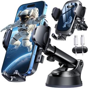 YRU [True Upgrade for Safety] Car Phone Holder Mount [Patent & MilitaryGrade] Dashboard Cell Phone Holder for Car Vent Windshield Phone Stand for iPhone 17 16 15 14 13 Pro Max Truck Samsung, Black