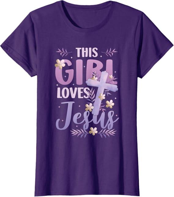 This Girl Loves Jesus Cute Christian Girl Jesus T-Shirt, Large (Purple)