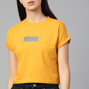 Women Mustard Yellow Solid Round Neck Boxy Cropped T-shirt Roadster (Yellow, Large)
