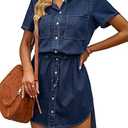 luvamia Women Casual Denim Dress Short Sleeve Tie Waist Classic Jean Shirt Dress XXL