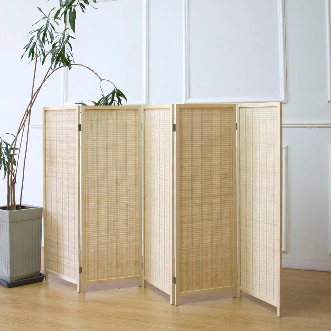 Furnnylane 5 Panel Short Room Divider Screen, Beige Freestanding Partition, Small Bamboo Panel Divider for Room Seperation, 3.95 FT Tall