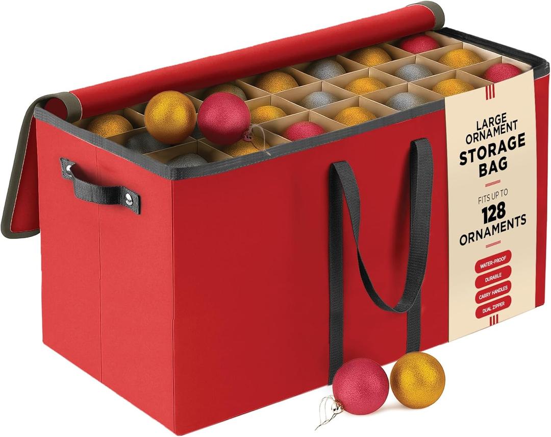 Large 128 Christmas Ornament Storage Box, Adjustable Compartment Dividers, Dual Zipper, Stackable Holiday Decorations Organizer with Lid, Xmas Durable Fabric Bin, Reinforced Handles Space-Saving (Red)