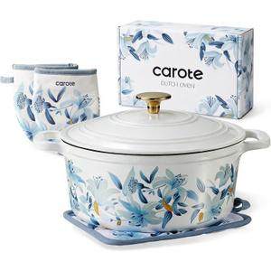 CAROTE 5 QT Cast Iron Dutch Oven Pot with Lid, Enameled Floral Dutch Ovens with Cotton Potholders & Oven Gloves, Gift Box, Cast Iron Pot for Sourdough Bread Baking, Braising, Stews, Roasting, Dual Handles, All Stovetop Compatible, Oven Safe up to 500 F, White & Blue
