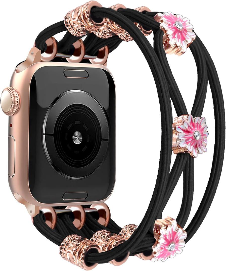 Newlibery Beaded Bracelet Compatible with Apple Watch Band 41mm 38mm 44mm 42mm 45mm 46mm 49mm Women Boho Braided Solo Loop Nylon Stretchy Dressy Strap for iWatch Serie11/10/9/8/7/6/5/4 SE 3/2/1 Ultra
