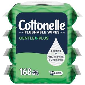 Cottonelle GentlePlus Flushable Wet Wipes with Aloe & Vitamin E, 4 Flip-Top Packs, 42 Wipes Per Pack (168 Total Wipes), Packaging May Vary