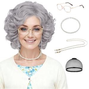 Old Lady Wigs and Accessories for Women Costume Grandma Wig Short Grey Curly Wig for Granny 100th Days of School Cosplay Halloween Use (Gray Wig 5 Pcs Set)
