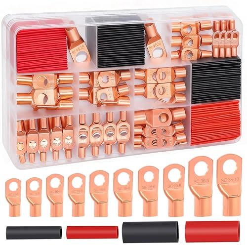 Twidec/160PCS Battery Cable Ends AWG 2 4 6 8 10 12 Gauge Copper Cable Wire Lugs,Ring Terminals Connectors,Copper Ring Terminals Connectors with Heat Shrink N-095-160PCS