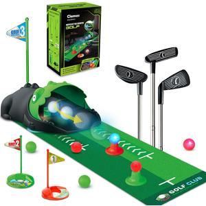 Clemas Upgraded Kids Toy Golf Set with Dinosaur Automatic Golf Returner, Led Light Up Night Golf Balls, 3 Clubs, Putting Mat, 3-8 Toddler Mini Golf Games, Indoor Outdoor Sports Toys for Boys Girls 3+, Small, Adjustable