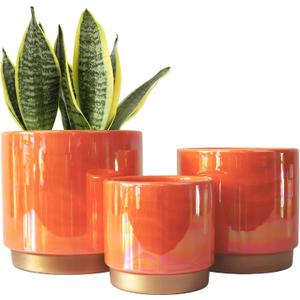 Gepege Ceramic Indoor Pots for Plants, Rainbow Pearl Glaze Planter with Drainage Hole, 6.0 inch+5.0 Inch+4.0 Inch. Orchid Flower Pots (Orange)