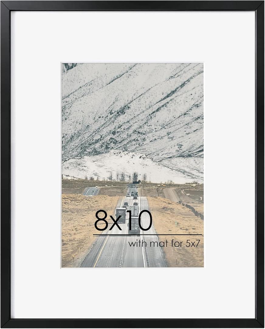 8x10 Picture Frame - Metal Frame With Mat 5x7 | 8 x 10 Aluminum Photo Frame | Plexiglass And Hanging Hardware Included | Black 8x10 Picture Frame | Black