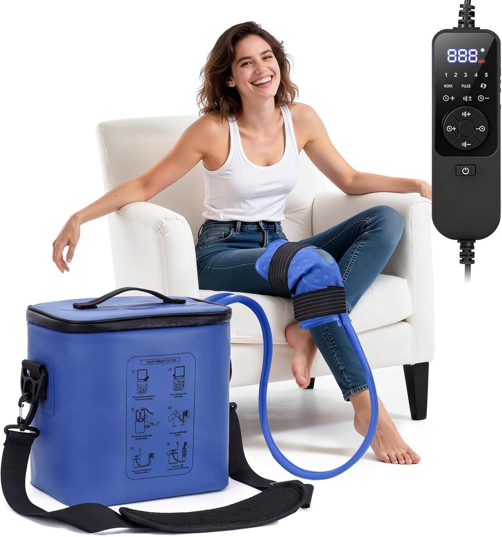 Cold Therapy Machine - Programmable Ice Machine for Knee After Surgery, Portable Ice Therapy Machine with Quiet Pump, Knee Replacement Recovery System, Cryotherapy Pain Relief w/Compression Pad (Blue)