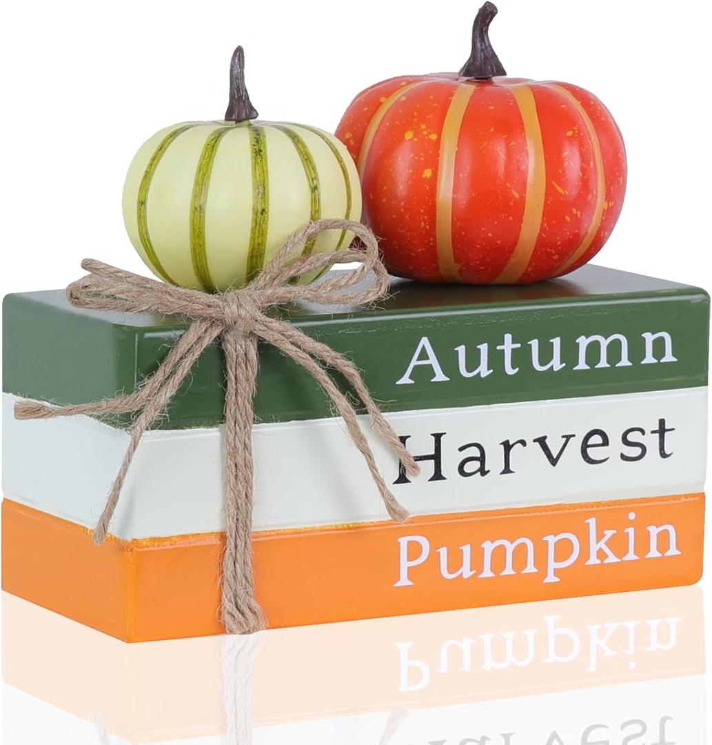 DECSPAS Fall Decorations for Home, Autumn Harvest Wooden Stacked Books Sign with Pumpkins & Bow for Fall Decor, Thanksgiving Tabletop decorations for Tiered Tray, Shelf, Table, Mantle, Fireplace (orange, green, white)