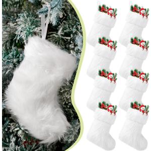 JOVITEC 8 Pieces 7 Inch White Christmas Stockings Faux Fur Snowy Christmas Stockings Xmas Fireplace Hanging Stocking Candy Gift Bags for Holiday Decorations