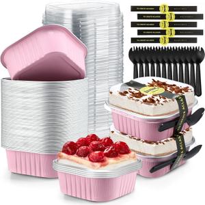 Sliner 100 Pcs 10 oz Mini Cake Pans with Lids Aluminum Foil Disposable Baking Loaf Tins, Spoon, Stickers, Square Cupcake Container for Muffin Ramekins Brownie Wedding Birthday Party(Pink)