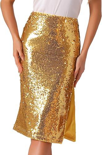 Allegra K Women's Sequin Skirt Sparkly Glitter Side Slit High Waisted Party Cocktail Club Midi Pencil Skirts (Gold, Large)