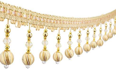 Yalulu 4 Yard Beaded Pendant Hanging Ball Tassel Fringe Trim Macrame for Curtain Tablecloth Home Decoration (Gold)