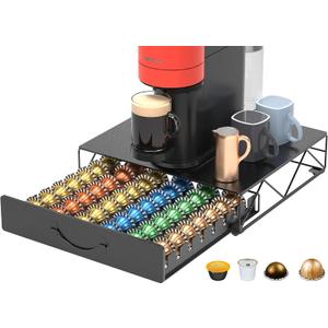 HFHOME Coffee Pod Drawer, 48 Vertuoline Coffee Pods Holder, Pods Storage Drawer Holder for 36 K Cup, Metal Coffee Station for Nespresso Vertuo Capsules for Home Office Counter, Black (48 pcs Capacity)