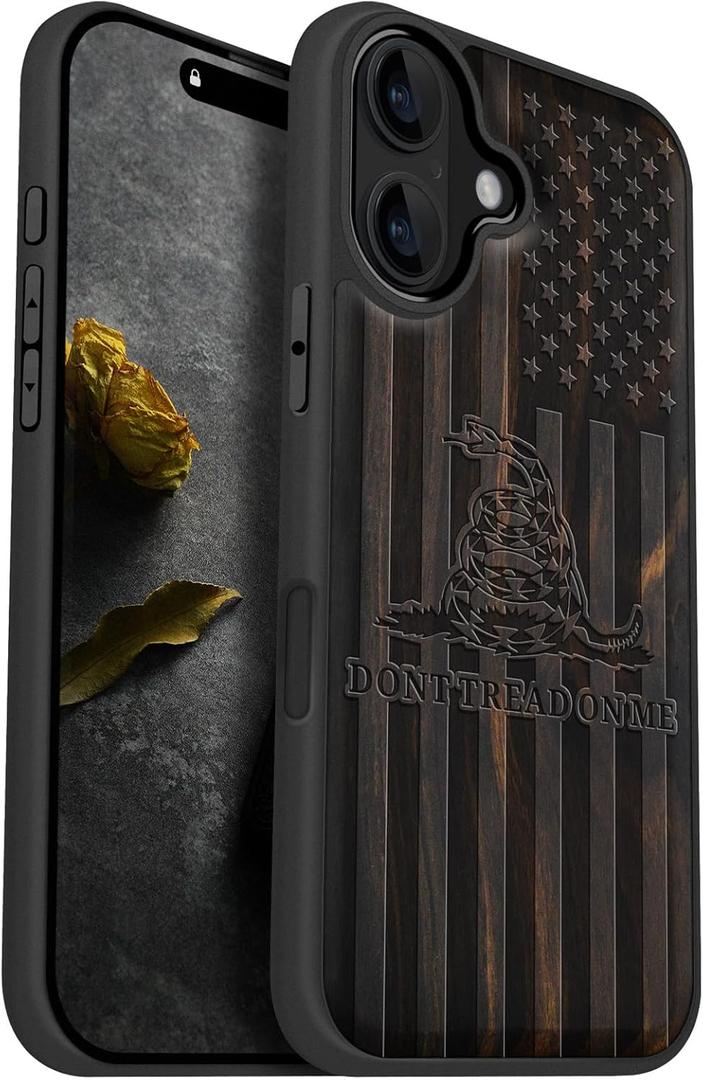 Carveit Wooden Case for iPhone 16 Case Black Soft TPU Shockproof Cover | Magnetic, Wood Artisan Engraved, Compatible with MagSafe Wireless Chargers, Gadsden and American Flag, Blackwood 