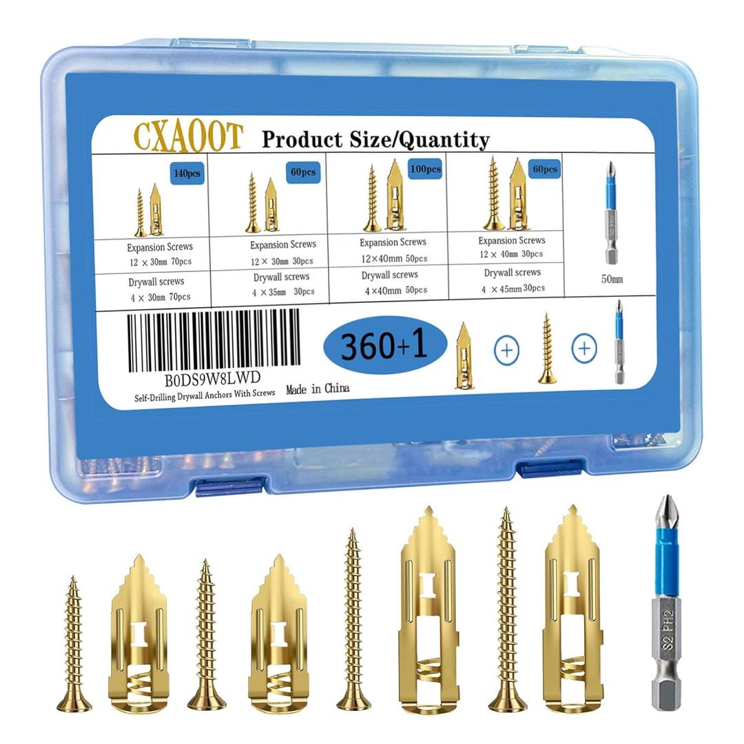 360PCS 4-Size Variety Pack Self Drilling Drywall Metal Expansion Anchors with Screws Kit and Drywall Screws for Drywall,Create Secure Holes Without Drilling