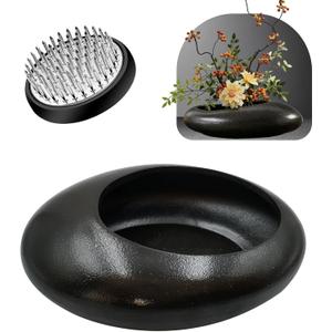 Flower Frog Vase Kit, Ceramic Ikebana Kit,with Flower Frog Pin Frog Flower Stems Holder, for Flower Arrangement, Floral Arrangement, Living Room, and Restaurant Center Decoration. (Black Small Size)