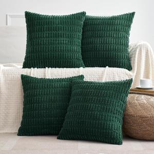 MIULEE Pack of 4 Dark Green Corduroy Decorative Throw Pillow Covers 20x20 Inch Soft Boho Striped Pillow Covers Modern Farmhouse Home Decor for Sofa Living Room Couch Bed (20" x 20" (Pack of 4), Dark Green)