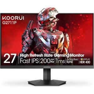 KOORUI 27 Inch Gaming Monitor 200Hz FHD (1920x1080) HDR400, 1ms Fast IPS, 90% DCI-P3, Adaptive-Sync, HDMI 2.0, DP 1.4, VESA Mount, Tilt Adjustable, G2711P