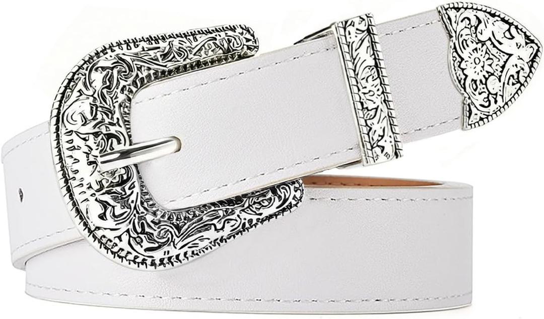 QIQILUXI Western Belt for Women Men Cowboys Cowgirls Carving Buckles Belts for Jeans Pants (White-Silver Buckle, Fit waist size: 31–33 inch)