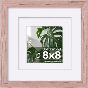 Egofine 8x8 Picture Frame Made of Solid Wood with Plexiglass, Display Pictures 4x4/6x6 with Mat or 8x8 Without Mat for Tabletop and Wall Mounting, Peach Pink