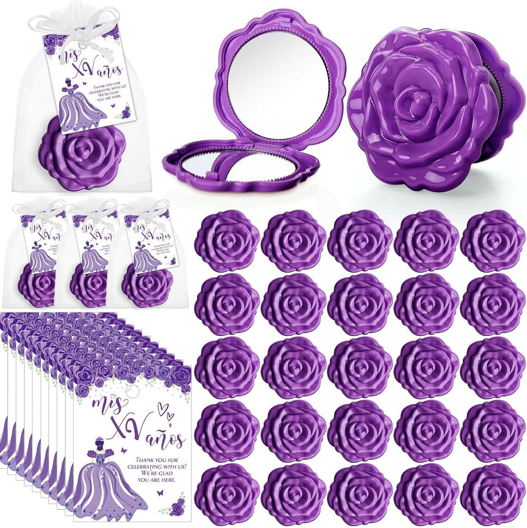 Wenqik 30 Sets Quinceanera Party Favors for Guests Rose Design Compact Pocket Mirrors Quinceanera Cards Thank You Gift and Organza Bags Sweet 15 Mis Quince Birthday Party Favor (Purple)