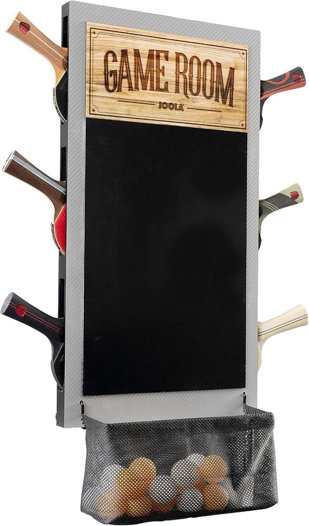 JOOLA Game Room Organizer with Ping Pong Paddle Holder, Table Tennis Ball Basket, Scoreboard, and Chalkboard